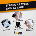 Filament Strapping Tape infographic detailing its properties like fiberglass reinforced, and heavy adhesion