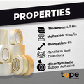 Filament Strapping Tape infographic detailing its properties like fiberglass reinforced, and heavy adhesion