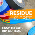 gaffers tape infographic showing different colors and that it is easy to cut, rip, or tear, and that it is residue-free