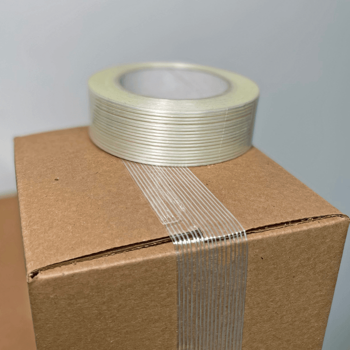 Close up of filament tape on a shipping box