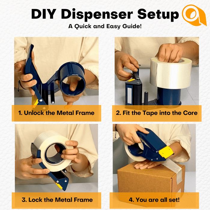 Metal Filament Tape Dispenser infographic demonstrating easy setup in 3 short steps