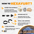 Infographic about tips and tricks on how to make a hexayurt using bidirectional filament tape and aluminum foil tape step by step, with a "tape providers" company logo