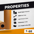 INFOGRAPHIC OF NATURAL KRAFT PAPER ROLL DETAILING KEY PORPERTIES LIKE 1000 FT LONG, LIGHT BROWN COLOR, 3MM THICKENESS, 100% MADE IN USA