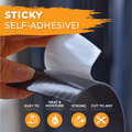 Infographic of a magnetic tape roll that is  flexible and  permanent saying it is sticky, self-adhesive, heat and moisture resistant, easy to install, magnetically strong, and can be cut to any shape