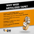 Metalized shiny tape roll infographic detailing it is great for wall designs, decorating furniture and office, and leaves no residue - 5 colors available
