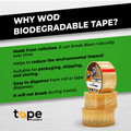 infographic about Cellophane Biodegradable Packaging Tape mentioning it is biodegradable, easy to dispense, and will not break during transit