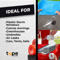 Infographic about Greenhouse repair tape mentioning it is great for use on plastic sotrm windows, canvas awnings, tent repair, air leakand more