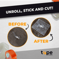 Infographic about Greenhouse repair tape showing its ease of use in repairing a broken tent
