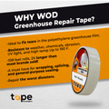 Infographic about Greenhouse repair tape mentioning it fixes polyethylene greenhouse plastic film, resistant to chemicals, weather, UV light, and abrasion, general purpose sealing tape