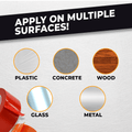 Infographic about Greenhouse repair tape mentioning  it can be applied on most surfaces including: plastic, concrete, wood, glass, and metal