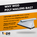 infographic of poly mailer plastic bag describing benefits of their use such as: lightweight and durable plastic material, helps lower shipping costs, glossy and smooth surface to write on, strong adhesive glue to prevent re-opening