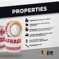Fragile Handle with Care Carton Sealing Tape infographic mentioning its properties like adhesive, and strength