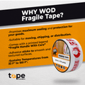 Fragile Handle with Care Carton Sealing Tape infographic mentioning it provides maximum sealing and protection for your package, highly adhesive