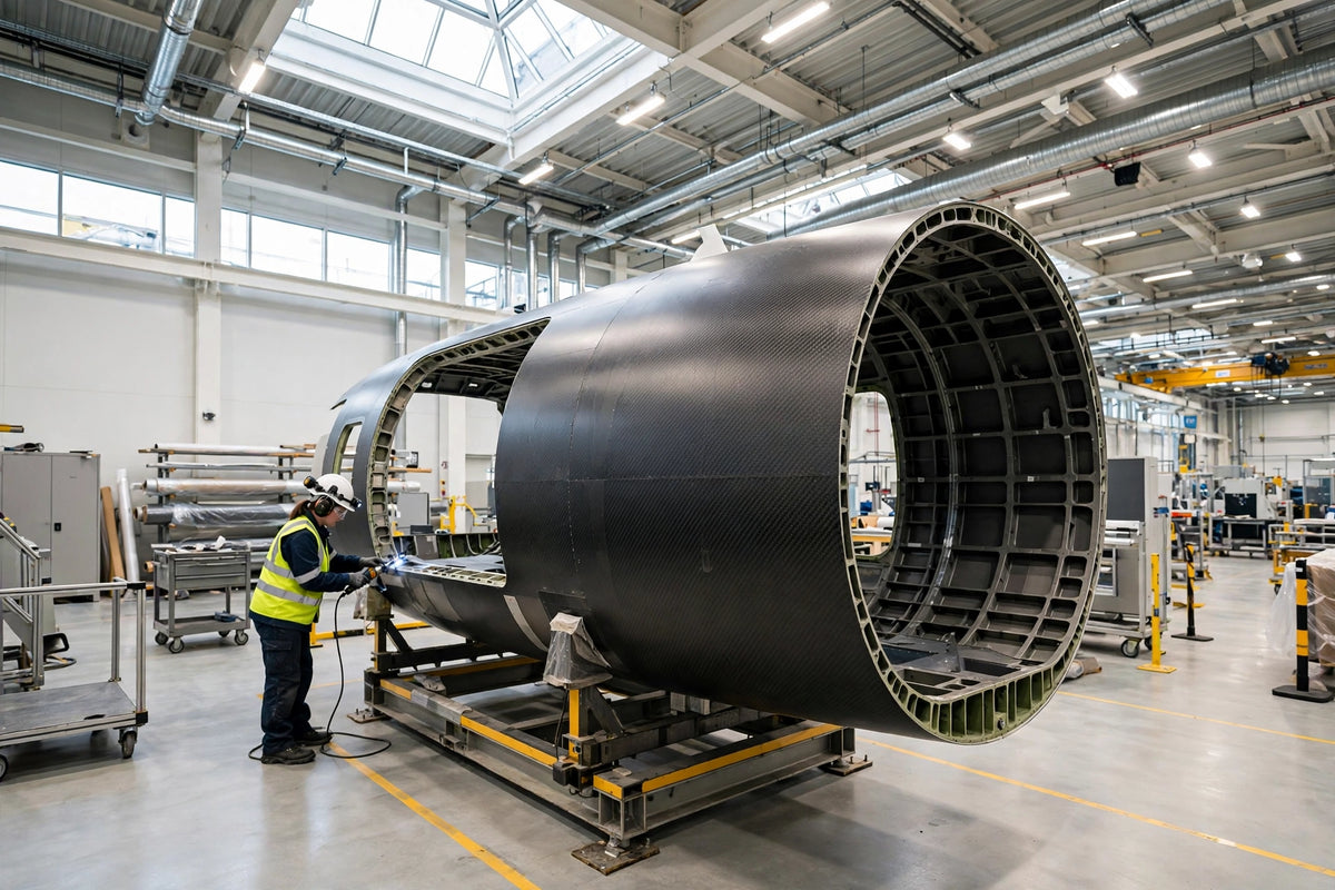 Aerospace composite fuselage in aircraft manufacturing plant