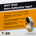 infographic about reflective tape mentinoing it lasts 7 years, great for work zones, signs, construction etc.. , aids visibility, for trucks trailers boatsa and more