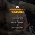 kinesiology tape infographic showing properties like elasticity, hypoallergenic and sweat resistant
