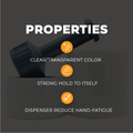 infographic aboutstretch film mentiong it properties: clear/transprarent, strong hold to itself, dispenser reduce hand-fatigue