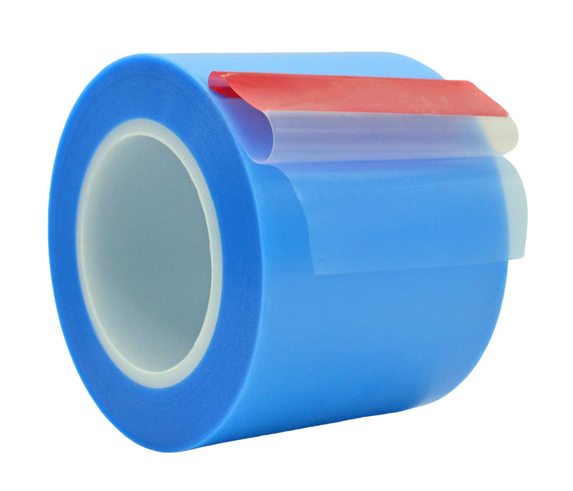 Close up of blue film tape roll 2 inch wide, available in bulk