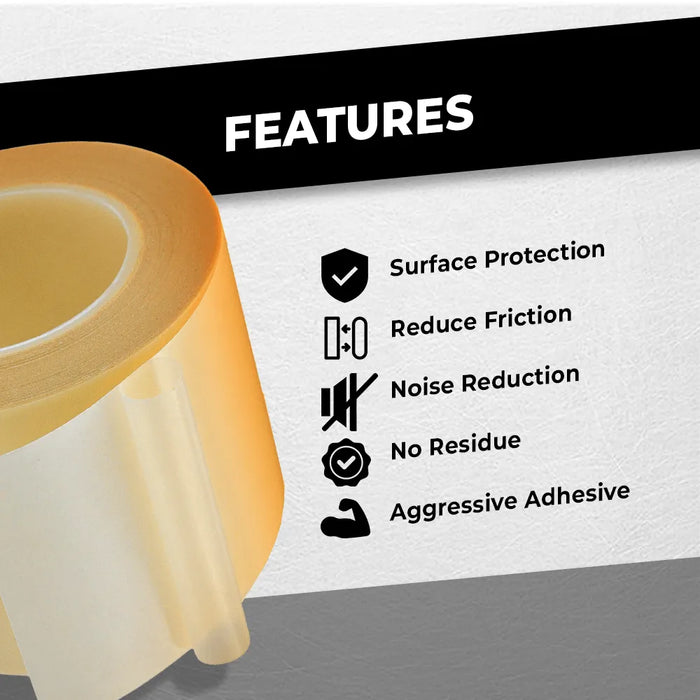 Infographic of Film Tape mentioning its uses and surface protection, reduce friction, no residue, noise reduction aand aggressive adhesive