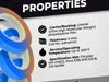 Infographic of Film Tape Detailing it properties like UHMW PE film, Thickness of 5mm, up to 300 farenheit safe