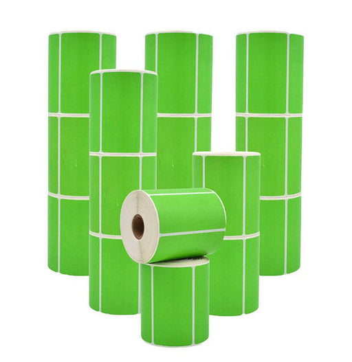 Multiple Stacked rolls of Green  Nametag Sticker Thermal Label Roll 