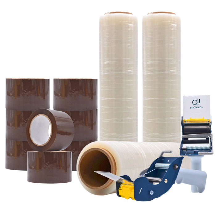 WOD Wholesale Packaging Supply Set: Carton Sealing Tape, Dispensers & Stretch Film for Wrapping / Palletizing