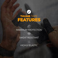infographic detailing benefits of thumb tape such as maximum protection, sweat resistant, highly elastic